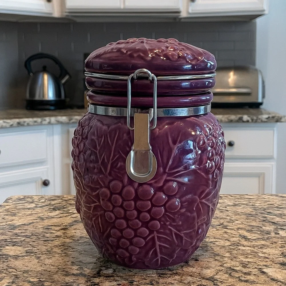 Vintage Purple Grape Embossed Ceramic Canister Jar with Clamp